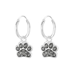 Silver Kids Black Diamond Paw hoop Earring with Swarovski Crystal