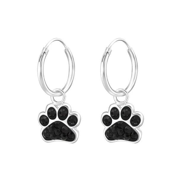 Silver Kids Jet Paw hoop Earring with Swarovski Crystal