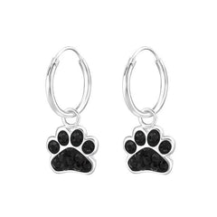 Silver Kids Jet Paw hoop Earring with Swarovski Crystal