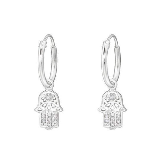Silver Hamsa Hanging CZ Crystal Earrings
