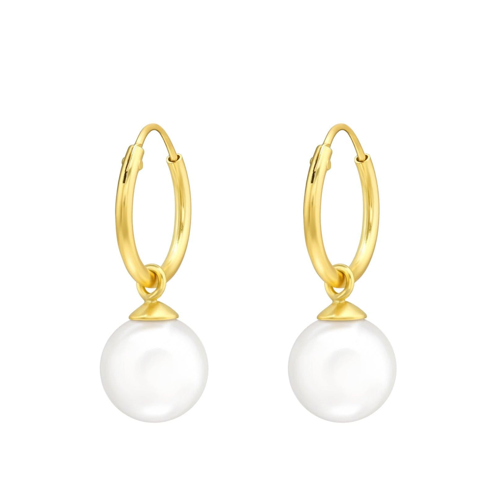14K gold-plated sterling silver hoop earrings with white pearl drops, polished 12 mm hoops and elegant 8 mm round pearls, available in Australia.