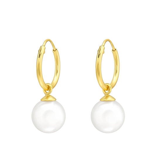 14K gold-plated sterling silver hoop earrings with white pearl drops, polished 12 mm hoops and elegant 8 mm round pearls, available in Australia.