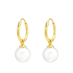 14K gold-plated sterling silver hoop earrings with white pearl drops, polished 12 mm hoops and elegant 8 mm round pearls, available in Australia.