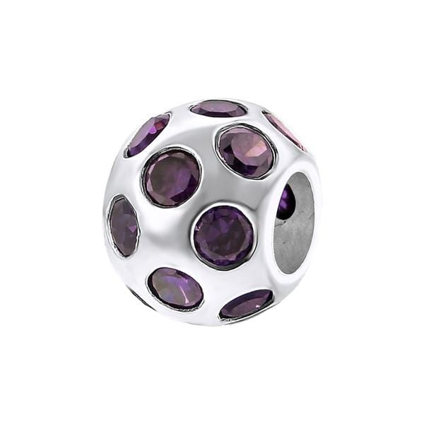 Silver CZ Amethyst Round Charm Bead