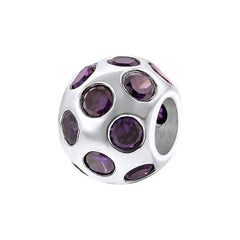 Silver CZ Amethyst Round Charm Bead