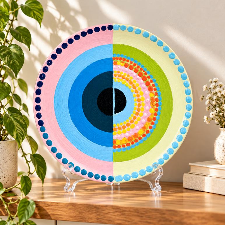 Chromatic Eye Abstract Geometric Ceramic Decorative Wall Plate displayed on a tabletop stand