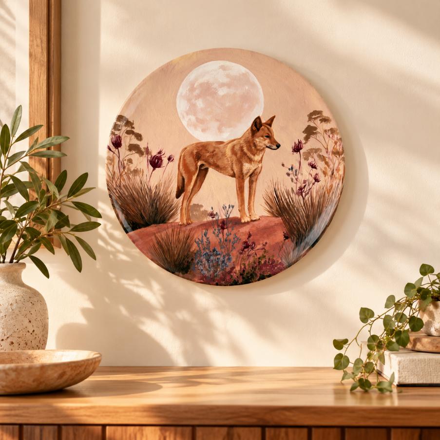 Moonlit Coyote Desert Decorative Wall Plate displayed on a wall