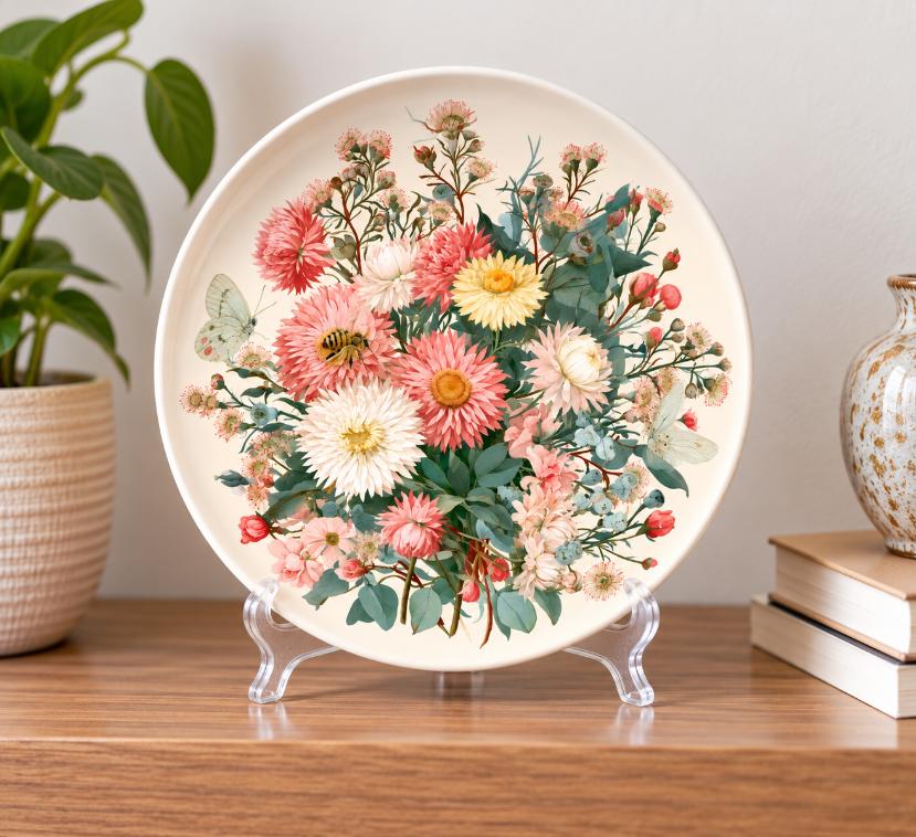 Pastel Pollinator Garden Bouquet Wall Plate on a tabletop stand