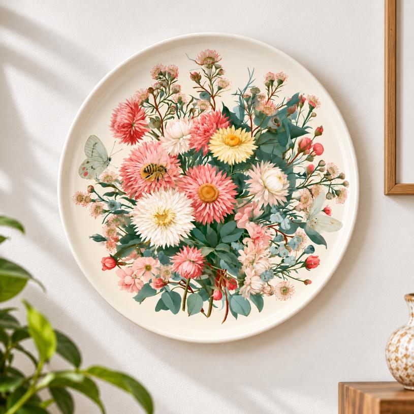 Pastel Pollinator Garden Bouquet Wall Plate displayed on a wall