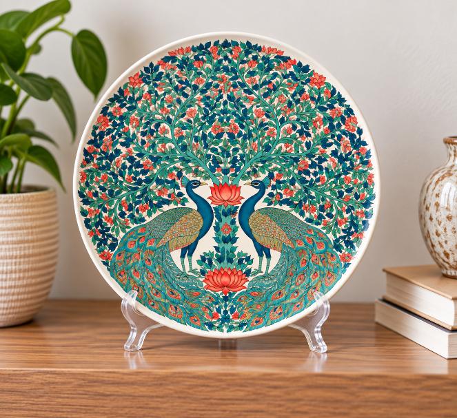 Peacock Lotus Tree of Life Wall Plate on a tabletop stand