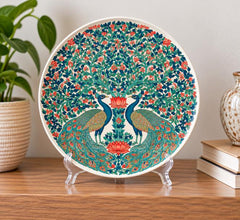 Peacock Lotus Tree of Life Wall Plate on a tabletop stand