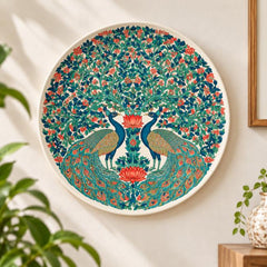 Peacock Lotus Tree of Life Wall Plate displayed on a wall