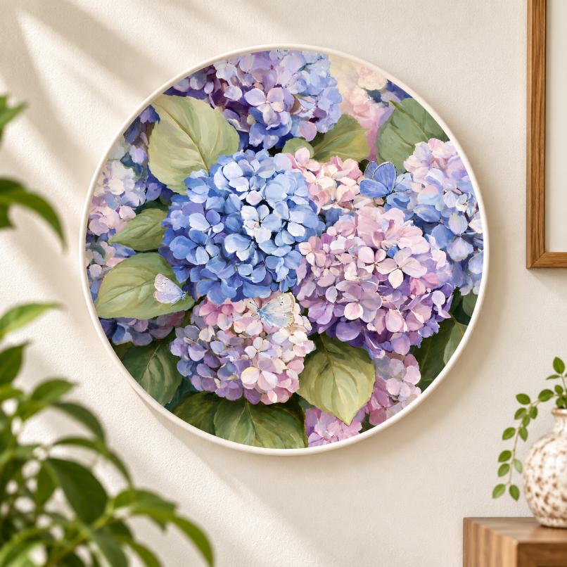 Pastel Hydrangea Butterfly Garden Wall Plate displayed on a wall