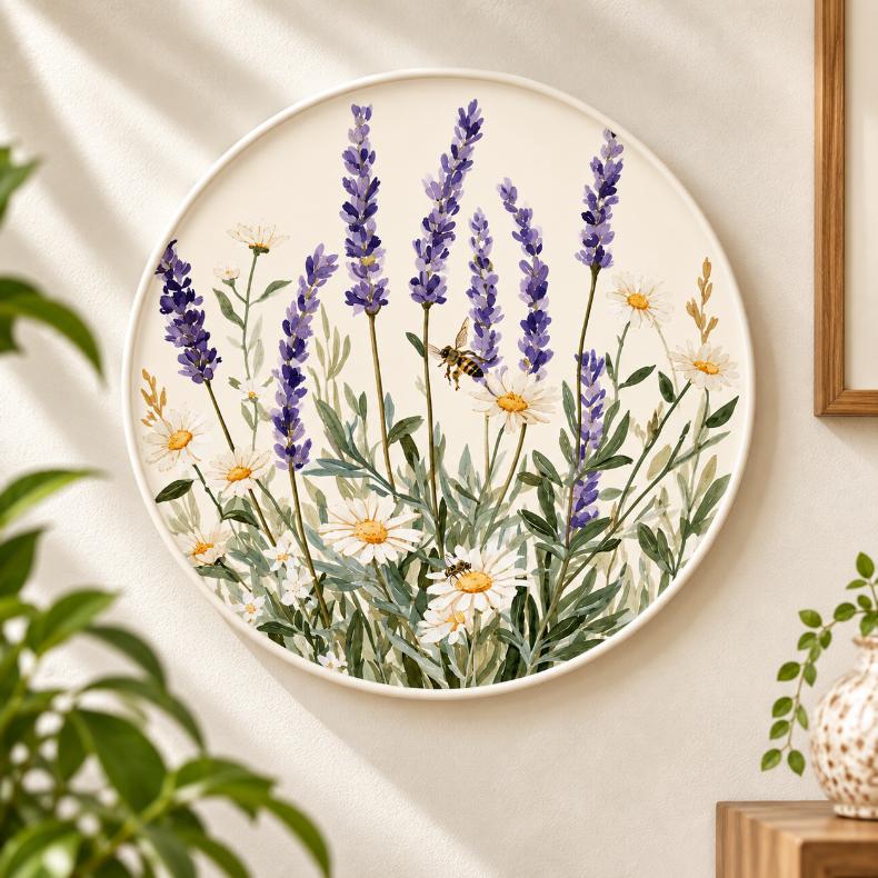 Lavender Daisy Meadow Wall Plate on a tabletop stand