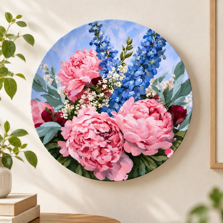 Blush Peony & Blue Delphinium Floral Wall Plate displayed on a wall