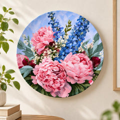 Blush Peony & Blue Delphinium Floral Wall Plate displayed on a wall