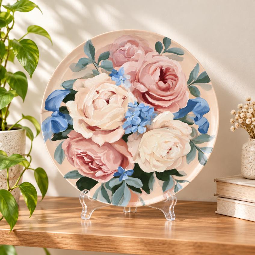 Blush Rose & Blue Blossom Floral Wall Plate on a tabletop stand