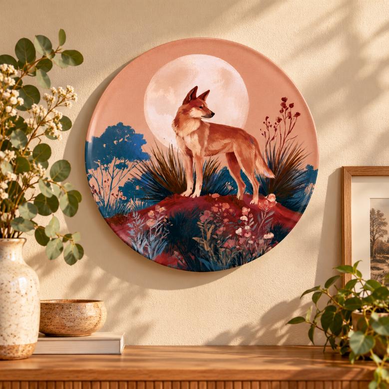 Coyote Beneath the Full Moon Decorative Wall Plate displayed on a wall