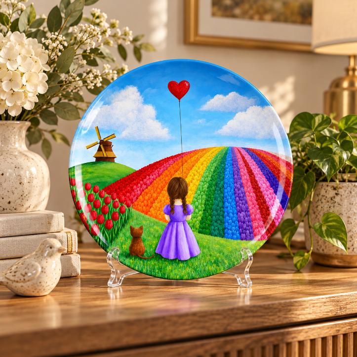 Rainbow Tulip Dream Girl and Cat Wall Plate on a tabletop stand