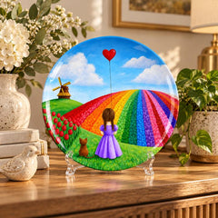 Rainbow Tulip Dream Girl and Cat Wall Plate on a tabletop stand