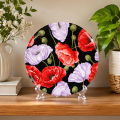 Scarlet Poppy & Lilac Bloom Wall Plate on a tabletop stand