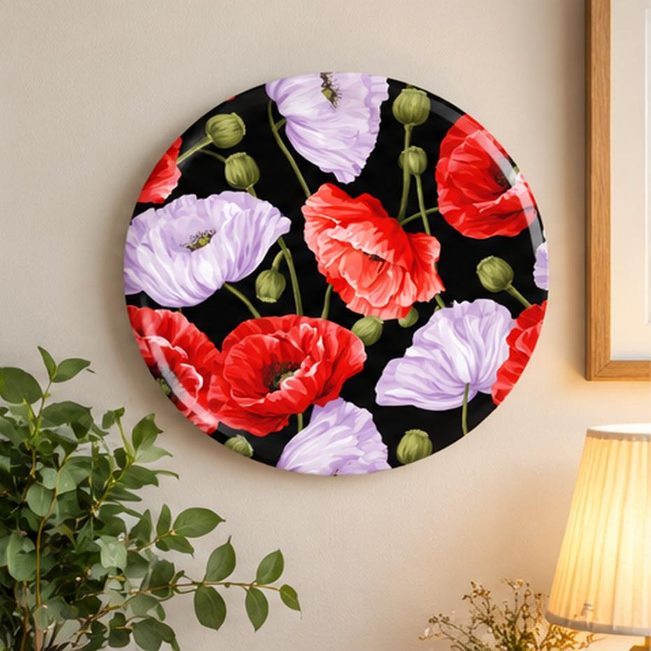 Scarlet Poppy & Lilac Bloom Wall Plate displayed on a wall