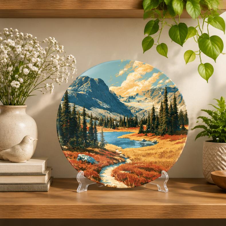 Alpine Lake Golden Hour Landscape Wall Plate on a tabletop stand