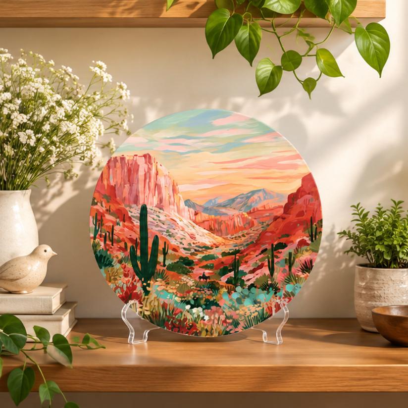 Sunset Desert Canyon Cactus Wall Plate on a tabletop stand