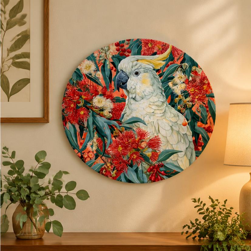 White Cockatoo Australian Botanical Wall Plate displayed on a wall