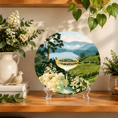 Vineyard Lake Golden Toast Wall Plate on a tabletop stand