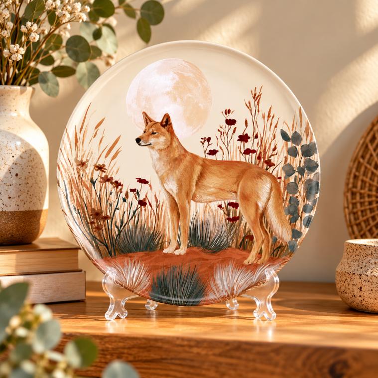 Coyote in a Moonlit Wildflower Meadow Wall Plate on a tabletop stand