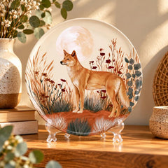 Coyote in a Moonlit Wildflower Meadow Wall Plate on a tabletop stand