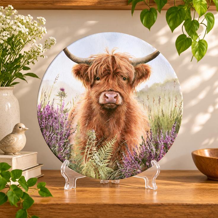 Highland Cow Purple Heather Meadow Wall Plate on a tabletop stand