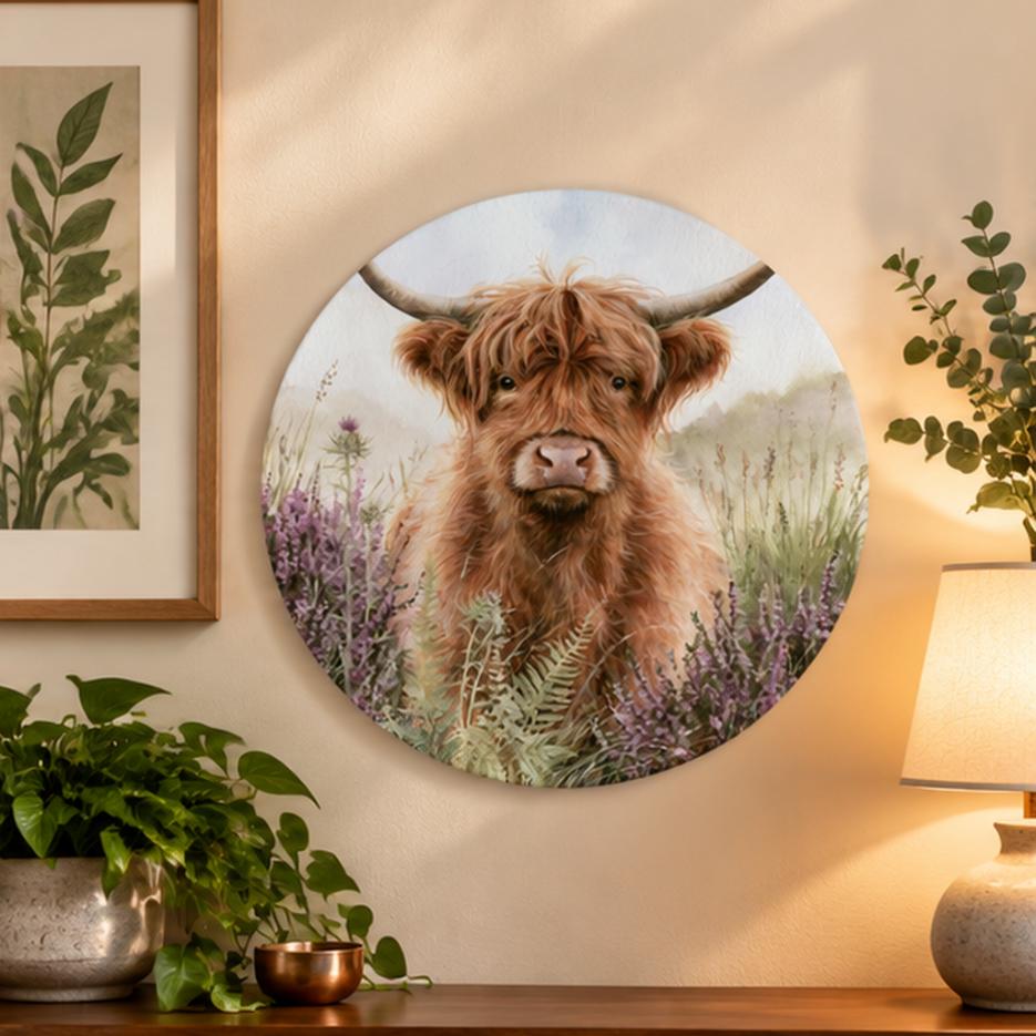 Highland Cow Purple Heather Meadow Wall Plate displayed on a wall
