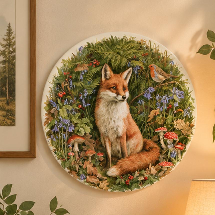 Woodland Fox & Robin Fern Wall Plate displayed on a wall