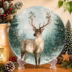 Winter Forest Stag Snowfall Wall Plate on a tabletop stand
