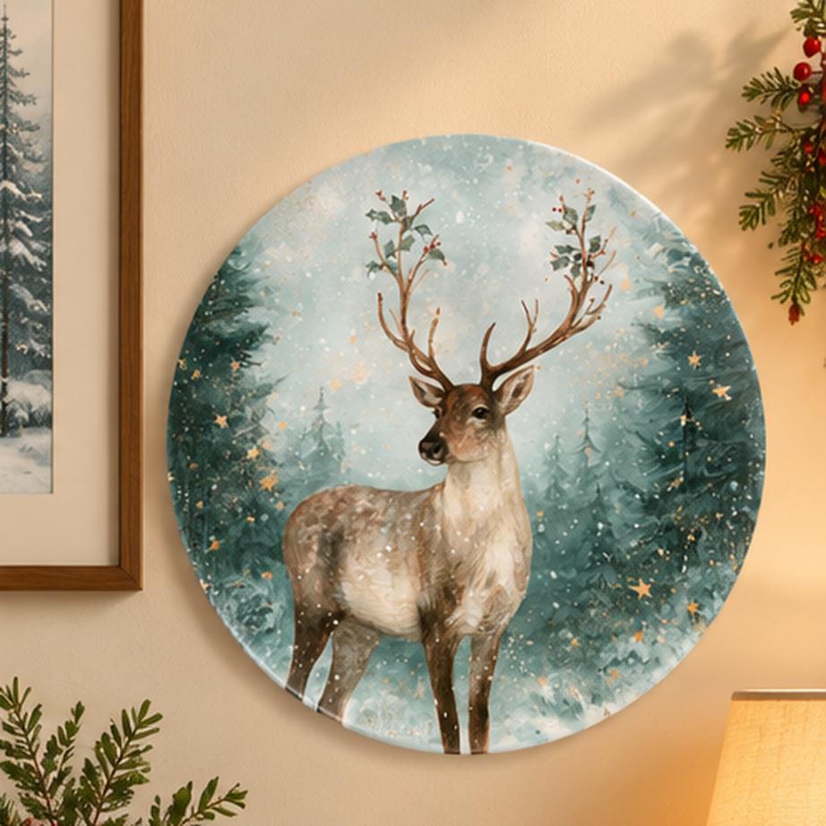 Winter Forest Stag Snowfall Wall Plate displayed on a wall