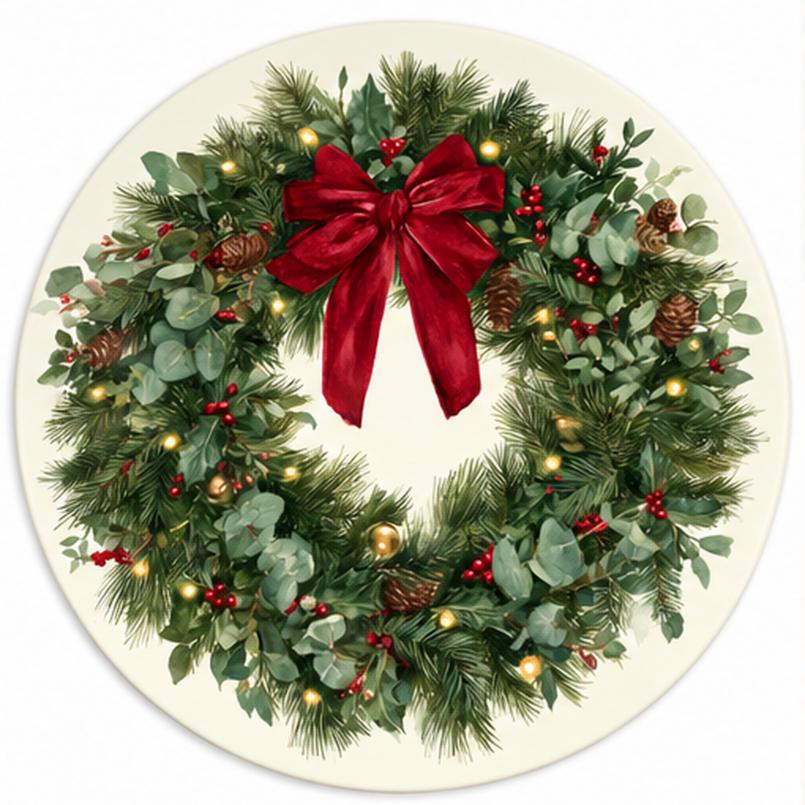 Evergreen Holiday Wreath Red Bow Wall Plate