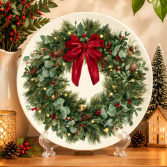 Evergreen Holiday Wreath Red Bow Wall Plate on a tabletop stand