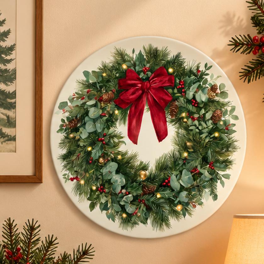Evergreen Holiday Wreath Red Bow Wall Plate displayed on a wall