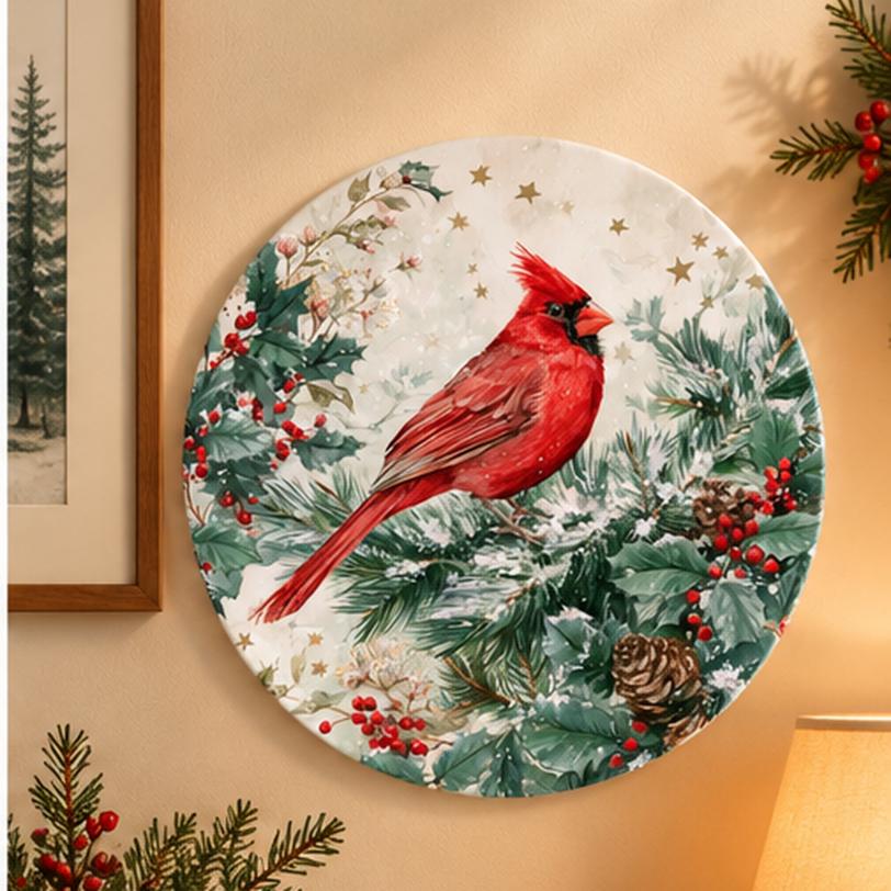 Winter Cardinal Holly & Pine Wall Plate displayed on a wall