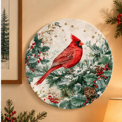Winter Cardinal Holly & Pine Wall Plate displayed on a wall