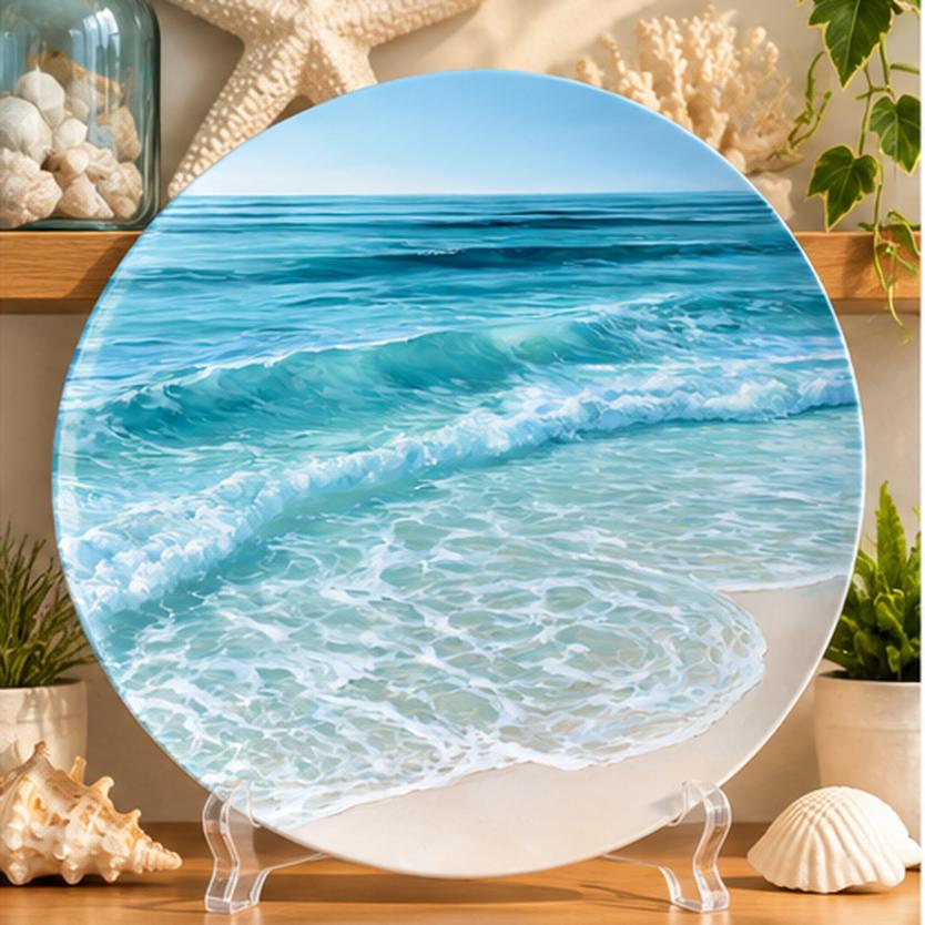 Turquoise Ocean Rolling Waves Wall Plate on a tabletop stand