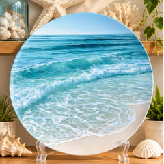 Turquoise Ocean Rolling Waves Wall Plate on a tabletop stand