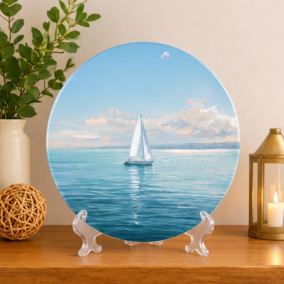 Serene Sailboat Blue Horizon Wall Plate on a tabletop stand