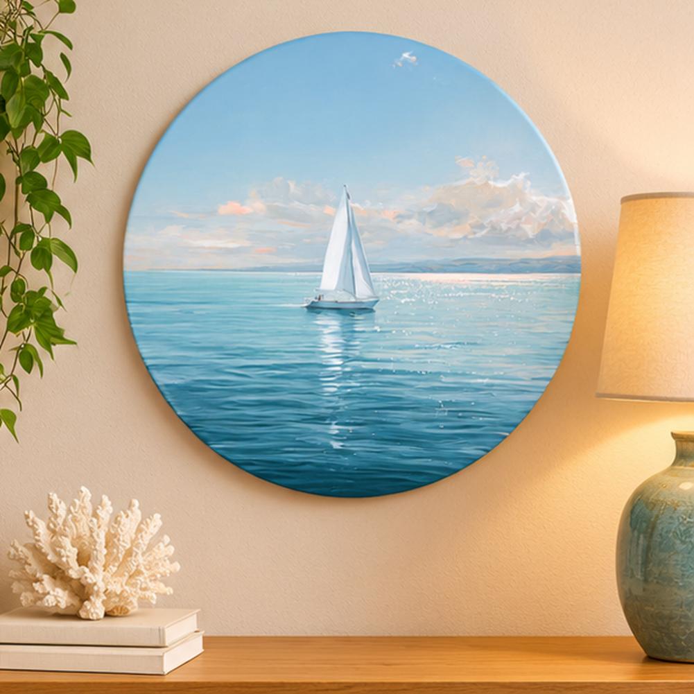 Serene Sailboat Blue Horizon Wall Plate displayed on a wall