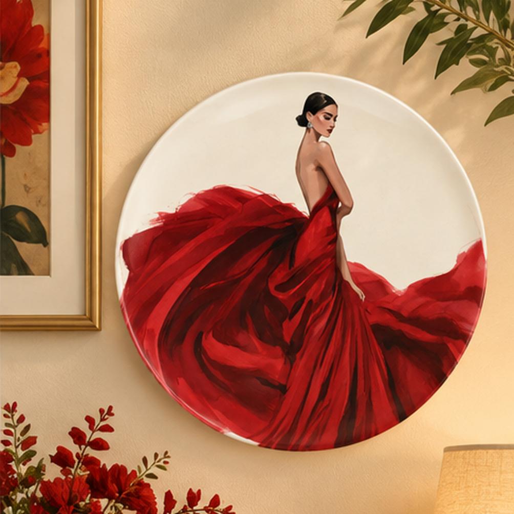 Scarlet Gown Elegance Fashion Wall Plate displayed on a wall