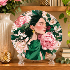 Blush Peony Reverie Portrait Wall Plate on a tabletop stand