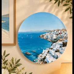 Aegean Blue Santorini Village Wall Plate displayed on a wall