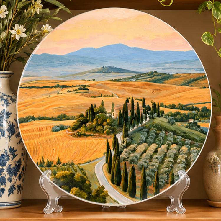 Golden Hour Tuscan Countryside Wall Plate on a tabletop stand